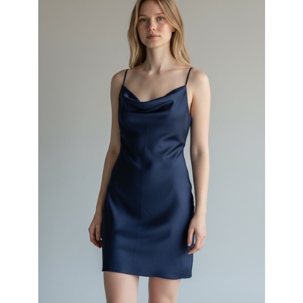NWT Urban Outfitters Slip Dress Mallorie Cowl Neck Satin Womens Small Navy Blue